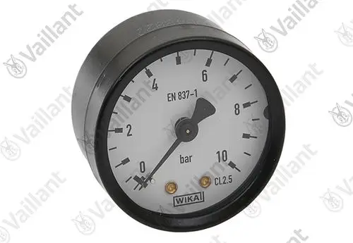 Manometer mit schwarzem Gehäuse und graduierter Skala von 0 bis 10 bar. Das Ziffernblatt ist weiß und zeigt die Marke Vaillant sowie die Norm EN 837-1 an.